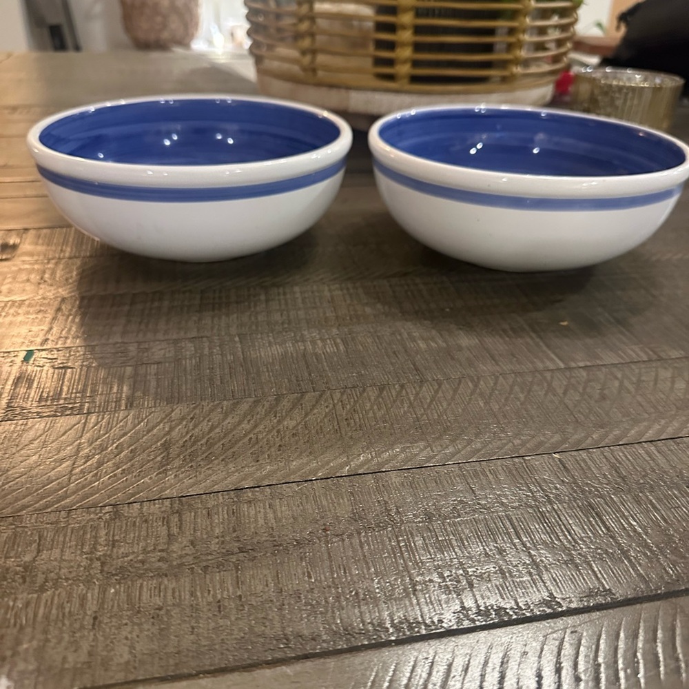 Caleca Vtg Farm House Chic White W/Blue Stripe Large Bowls Made In Italy Set Of2